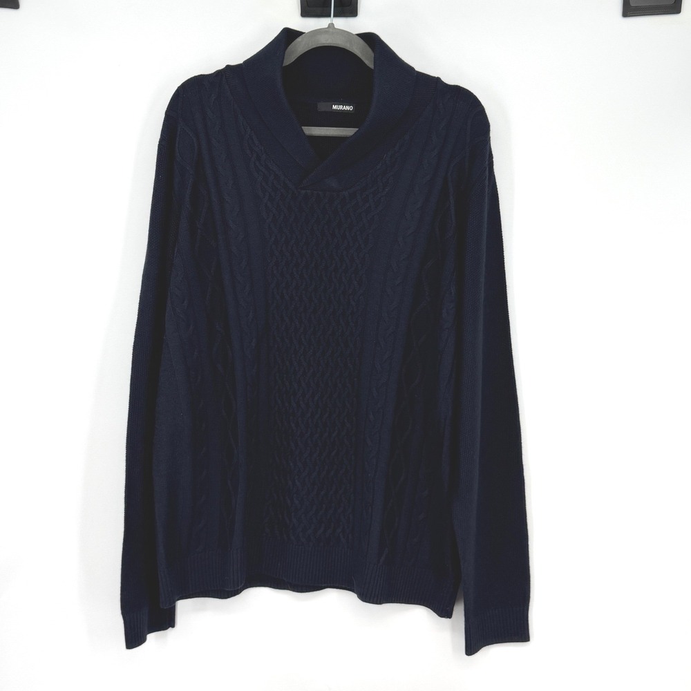 Murano Merino Wool Blend Cable Knit Shawl Collar Sweater Navy‎ XL